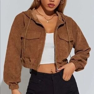 SHEIN Brown Corduroy Crop Jacket Hoodie Zip Up – Women’s size Medium